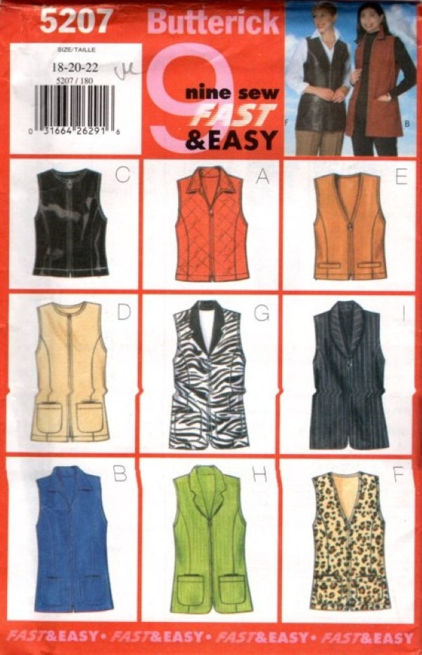 Butterick 5207 Retro 90's Sewing Pattern Fast & Easy Vest Jacket Set, 9 Styles, Zipper, Pocket & Collar Variations Size 18-22