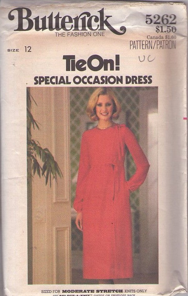 Butterick 5262 Vintage 70's Sewing Pattern Day Dress, Charming Tie On! Special Occasion Dress, Asymmetrical Front Wrap Knits Dress Size 12
