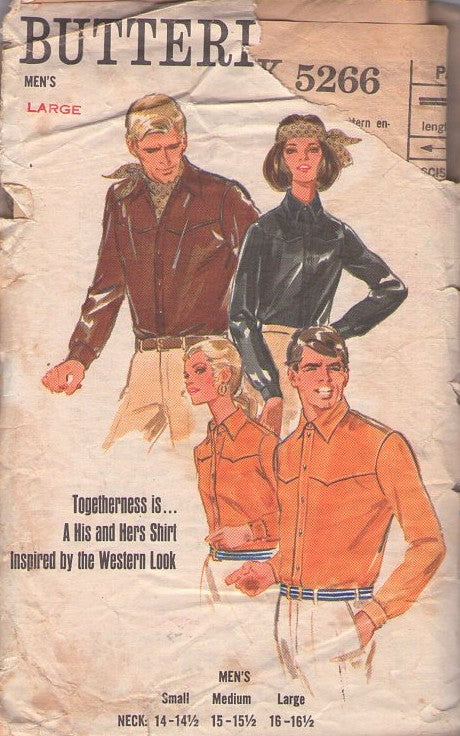 Butterick 5266 Vintage 70's Sewing Pattern Mens' Shirts, Rhinestone Cowboy Western Yoke Rodeo Pearl Snaps Shirt Set L