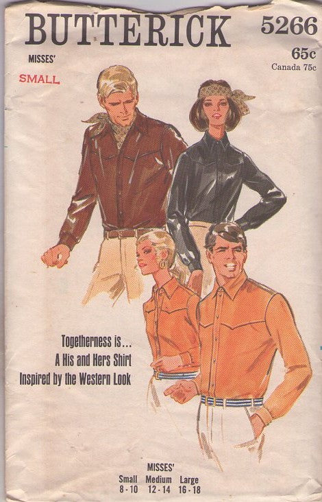 Butterick 5266 Vintage 70's Sewing Pattern Mens' Shirts, Rhinestone Cowboy Western Yoke Rodeo Pearl Snaps Shirt Set S