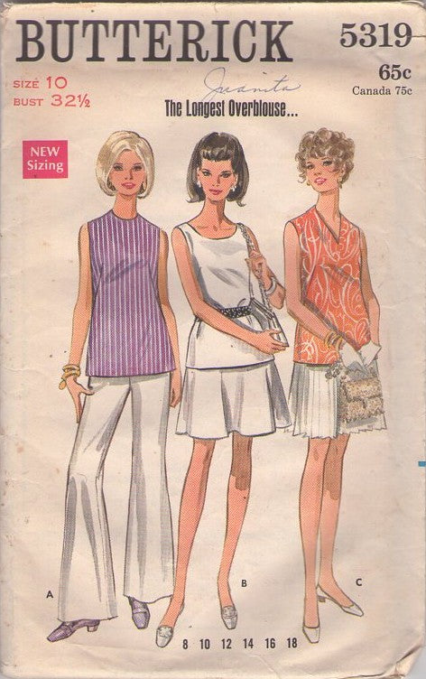 Butterick 5319 Vintage 60's Sewing Pattern Mod Blouses, Overblouse Summer Shirt, Top Set Size 10
