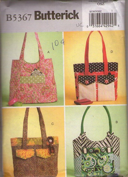 Butterick 5367 Retro 2009 Sewing Pattern Creative Bags, Beach, Grocery, Purse, Totes, Travel 4 Styles