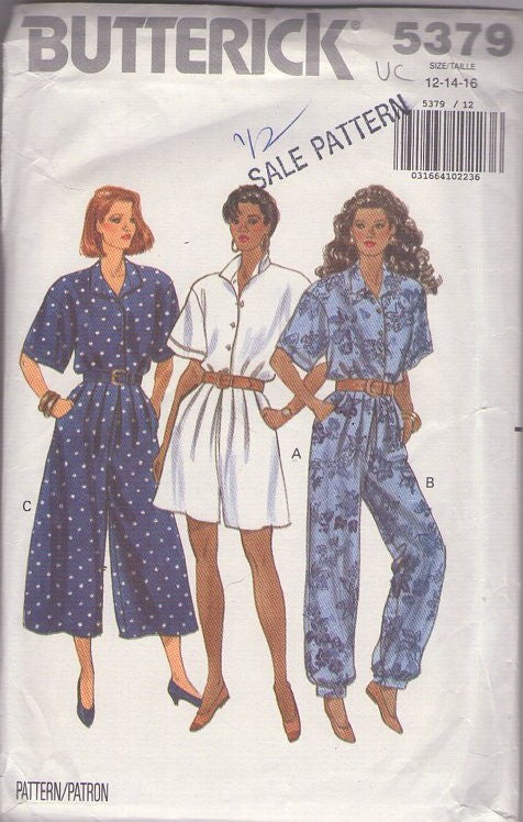 Butterick 5379 Vintage 90's Sewing Pattern Secretary Jumpsuit, Summer Romper, Culottes, 3 Styles Size 12-16
