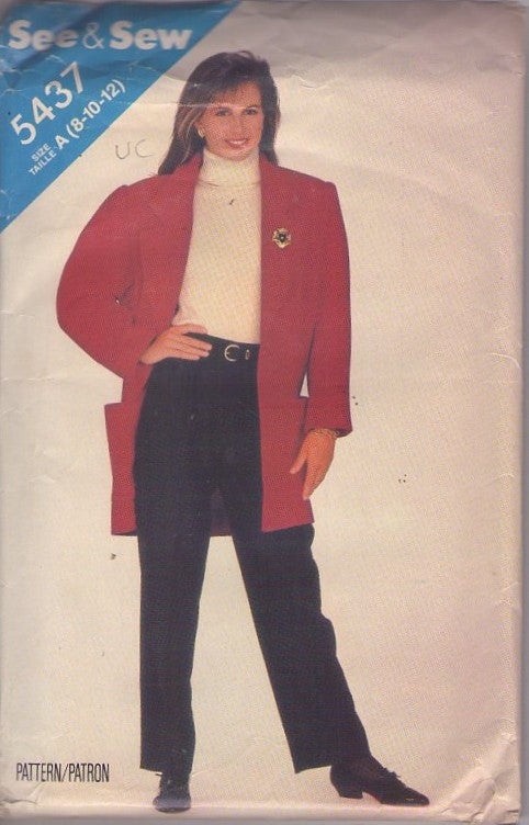 Butterick 5437 Vintage 80's Sewing Pattern Boxy Jacket, See & Sew, Oversized Boyfriend Blazer, Pleated Pants Size 8-12