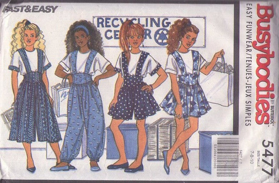 Butterick 5477 Vintage 90's Sewing Pattern Girl's Split Skirt Culottes, Jumpsuit, Romper, Skirt with Wide Straps and Top Size 7-10