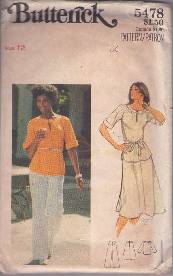 Butterick 5478 Vintage 70's Sewing Pattern Casual Separates, Pullover Tunic Top Blouse, A-Line Skirt, Pants Size 12