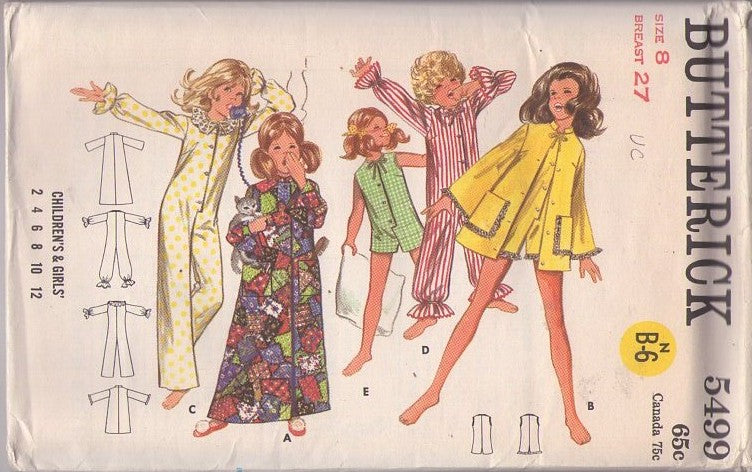 Butterick 5499 Vintage 60's Sewing Pattern Girls' Pajamas, Mod Slumber Party Sleep Jumpsuit, Romper, Onesie, Bell Sleeve Robe, Quilted Bath Robe, Really SEE THIS! Size 8