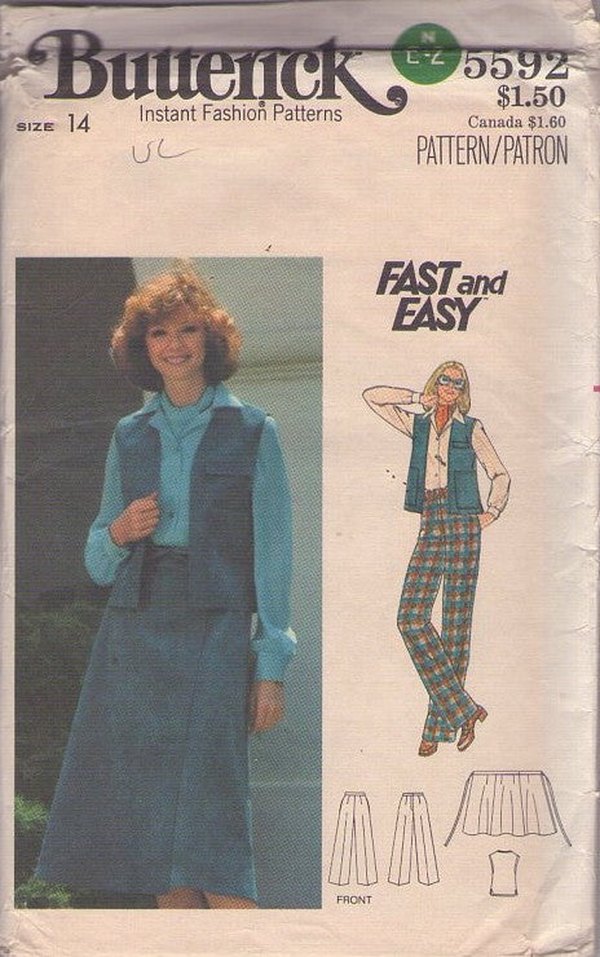 Butterick 5592 Vintage 70's Sewing Pattern Easy Vest Top, Wrap Around Skirt, Pants, Disco Era Size 14