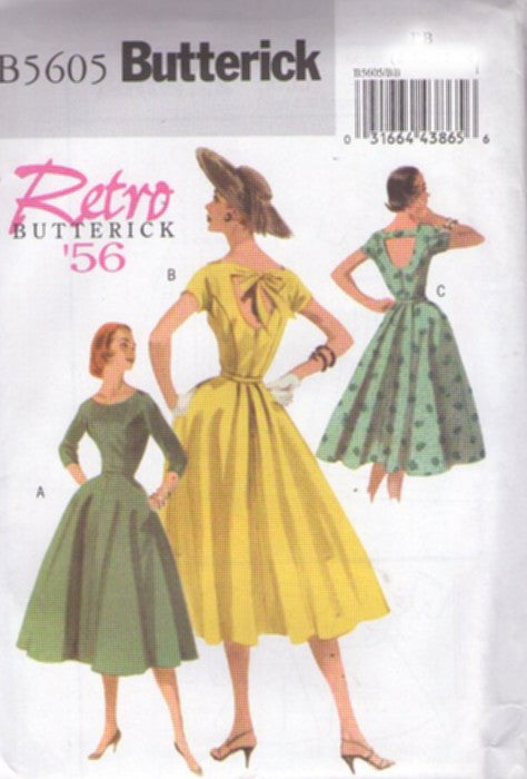 Butterick 5605 Retro 2011 Sewing Pattern Rockabilly Dress, Repro 50's Tie or Button Open Bare Back Mad Men Cocktail Party Dress, 3 Styles Size 8-14