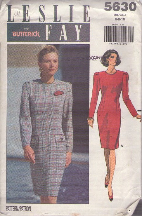 Butterick 5630 Vintage 90's Sewing Pattern Secretary Dress, Designer Leslie Fay, Slim Sheath Dress Size 6-10