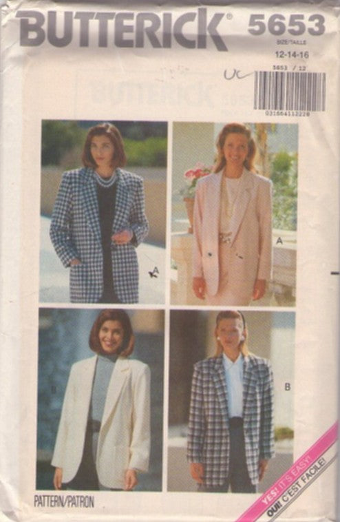 Butterick 5653 Vintage 90's Sewing Pattern Oversized Blazer Jacket, Boyfriend Jackets Set, Easy to Sew Size 12-16