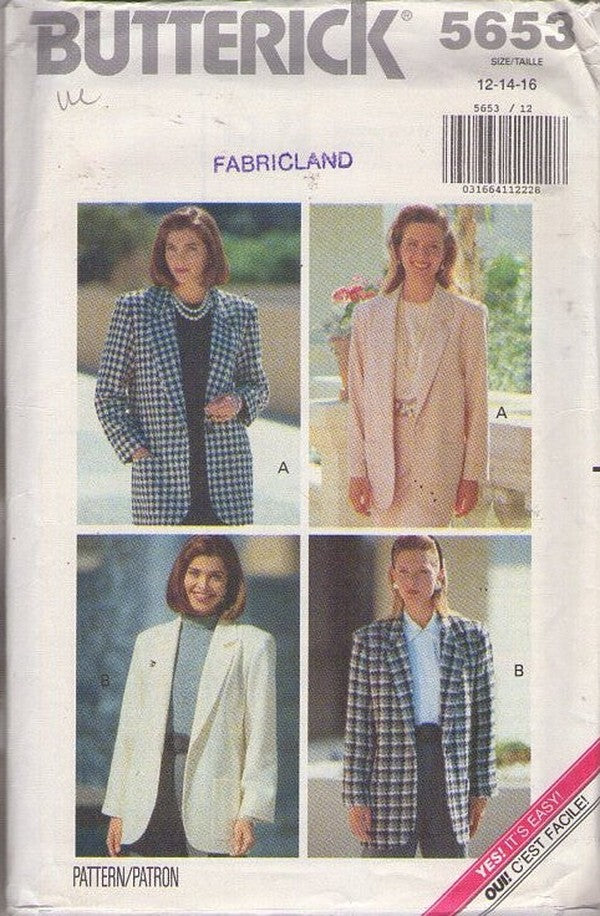 Butterick 5653 Vintage 90's Sewing Pattern Oversized Career Blazer, Boyfriend Jacket Set, 2 Styles Size 12-16