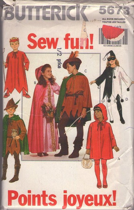 Butterick 5673 Vintage 90's Sewing Pattern Theatrical Costumes, Kids' Sew Fun Robin Hood, Maid Marian, Jester, Little Red Riding Hood, Devil Pullover Dress, Cape All Sizes 4-14