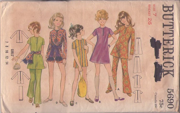 Butterick 5690 Vintage 70's Sewing Pattern Girls' Separates, Brady Bunch Mod School Dress, Tunic Top & Pants, Pantdress Romper Jumpsuit, Sash Size 7