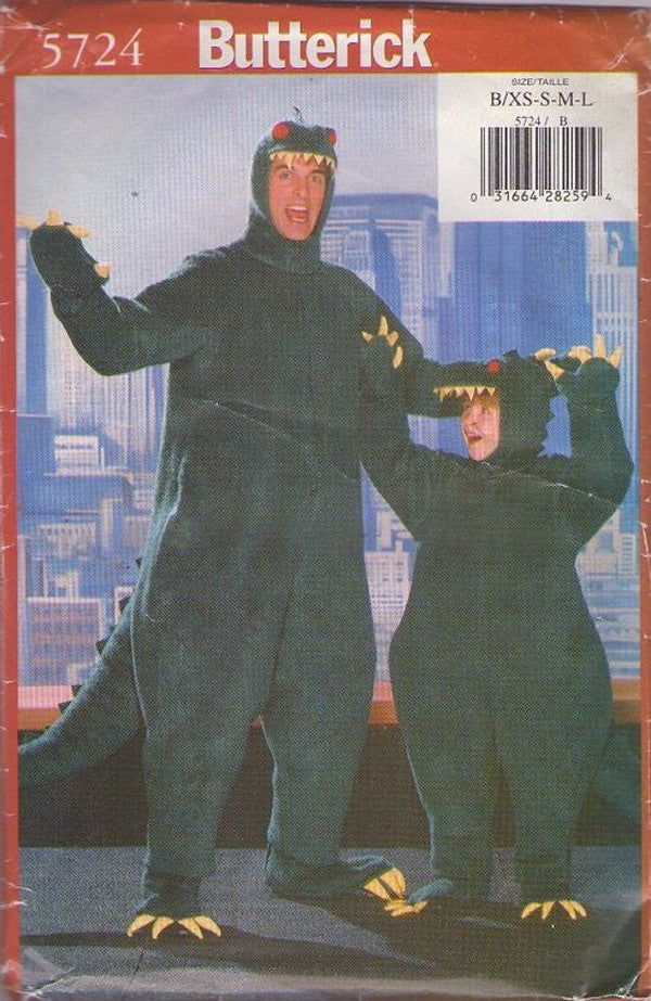 Butterick 5724 Retro 90's Sewing Pattern Boys' Costume, Godzilla Dragon or Large Lizard, Dinosaur Jumpsuit All Sizes B XS-L