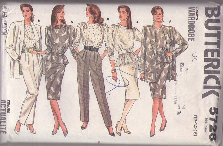 Butterick 5728 Vintage 80's Sewing Pattern Secretary Separates, Today's Wardrobe, Oversized Boxy Blazer Jacket, Top, Peplum Blouse, Slim Skirt, Pleated Slacks Size 12-16