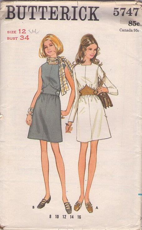 Butterick 5747 Vintage 60's Sewing Pattern Mod Dress, Cinched Waist, Blouson, Button Tab Belt, Look Trim Size 12 UNCUT