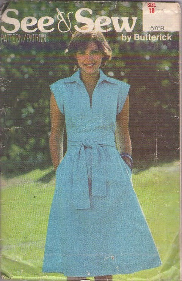 Butterick 5769 Vintage 70's Sewing Pattern Easy Dress, See & Sew Fit & Flared Dress, Wide Obi Sash Belt Size 10
