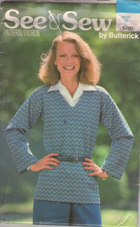 Butterick 5780 Vintage 80's Sewing Pattern See & Sew Shirt, Easy Flared Bell Sleeve Pullover V Neck Knit Shirt, Top Size 12