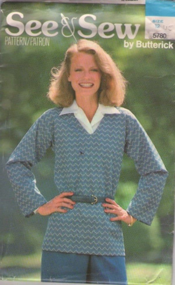 Butterick 5780 Vintage 80's Sewing Pattern See & Sew Shirt, Easy Flared Bell Sleeve Pullover V Neck Knit Shirt, Top Size 12