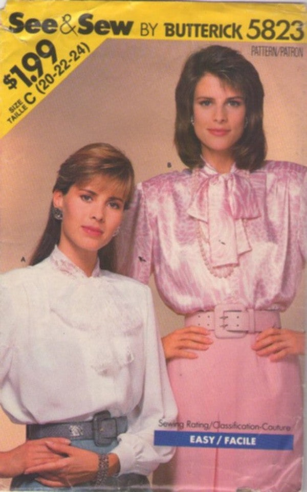 Butterick 5823 Vintage 80's Sewing Pattern Shiny Blouse Set, Modest, Prissy Secretary Styles Size 20