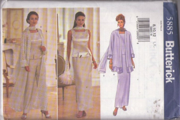 Butterick 5885 Retro 2001 Sewing Pattern Formal Separates, Evening Mother of the Bride Notched Cocktail Party Top, Blouse, Slim Skirt, Slacks, Sheer Lace Duster Coat, Trimmed Jacket Size 8-12