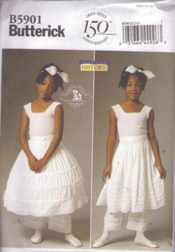 Butterick 5901 Retro 2013 Sewing Pattern Historical Costumes, Girl's Making History Undergarment, Bloomers, Drawers with Ties, Underskirt Slip, Boned Hoop Skirt, French Seams Size 2-5