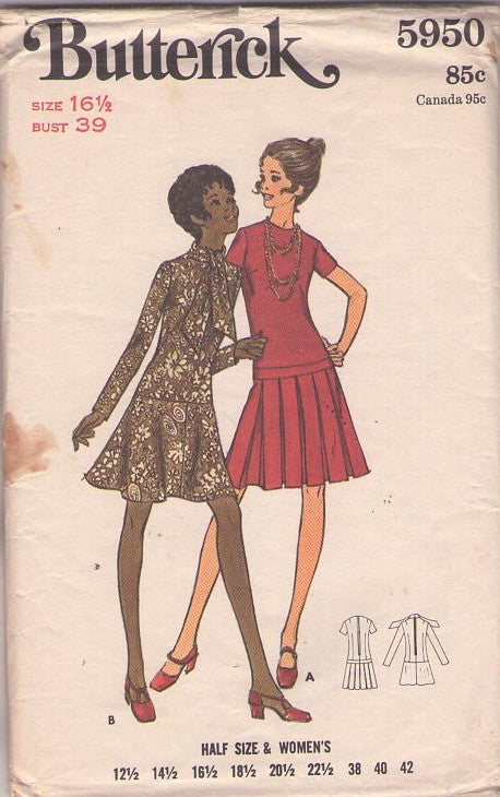 Butterick 5950 Vintage 70's Sewing Pattern Drop Waist Dress, Half Size Mod Secretary Dress, 2 Styles Size 16.5