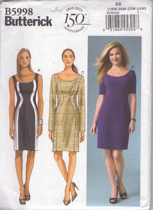 Butterick 5998 Retro 2013 Sewing Pattern Career Dress, Flattering Inset Bands, 150th Anniversary, Plus Size, 3 Styles Size 18W-24W
