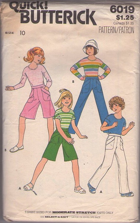 Butterick 6019 Vintage 70's Sewing Pattern Girls' Separates, Flap Cargo Pockets Culottes, Pants, Scoop Neck Tshirt Top Size 10
