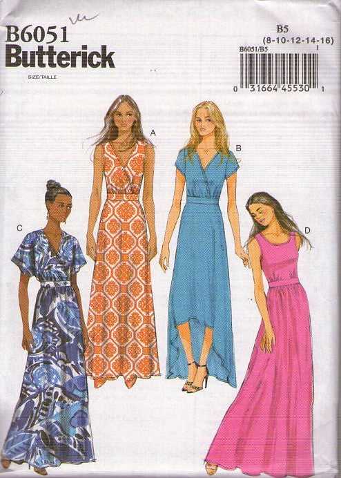Butterick 6051 Retro 2014 Sewing Pattern Maxi Gown Set, Pullover Summer Hostess Dress, Hi Low, Long, 4 Styles Size 8-16