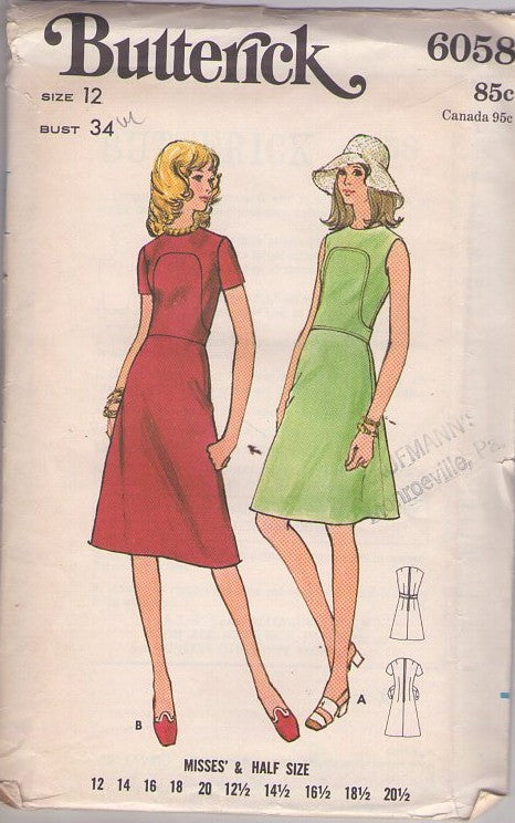 Butterick 6058 Vintage 70's Sewing Pattern Mod Dress Set, Back Belted Front Panel Secretary Dress, MUST SEE 2 Styles Size 12