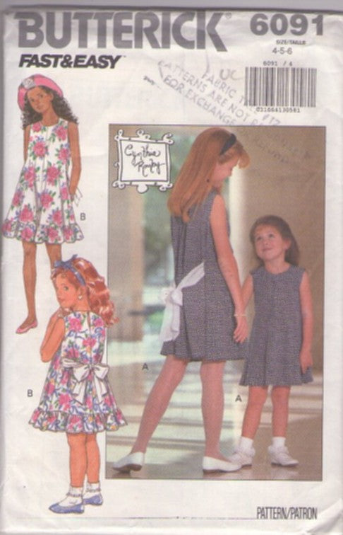 Butterick 6091 Vintage 90's Sewing Pattern Girl's Dress, Designer Cynthia Rowley, Summer Garden Party, 2 Styles, Size 4-6
