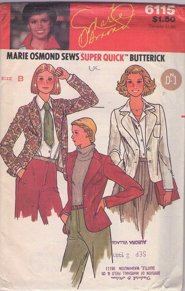 Butterick 6115 Vintage 70's Sewing Pattern Career Blazer, Jacket Set Marie Osmond Sews, Very Easy Size 10-14
