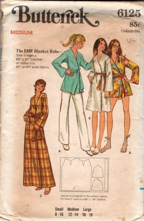 Butterick 6125 Vintage 70's Sewing Pattern Easy Blanket Robe, Wrap Bathrobe, Linen Upcycle, Mod Robes Size M