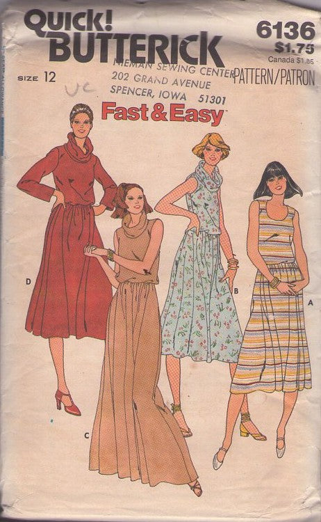Butterick 6136 Vintage 70's Sewing Pattern Dress Set, Fast & Easy, BIG Cowl Neck Bloused Blouson Summer Dress, Long Maxi Gown, 4 Styles Size 12