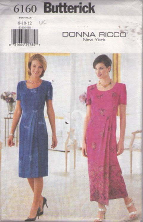 Butterick 6160 Retro 90's Sewing Pattern Designer Dress, Donna Ricco New York, Lined Office Party Dress, Knee or Midi Length, Pleats Mock Wrap Skirt Size 8-12