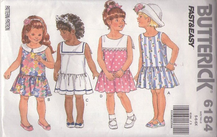 Butterick 6184 Vintage 90's Sewing Pattern Girl's Easy Summer Dress, Drop Waist, Nautical Looks Size 5-6x