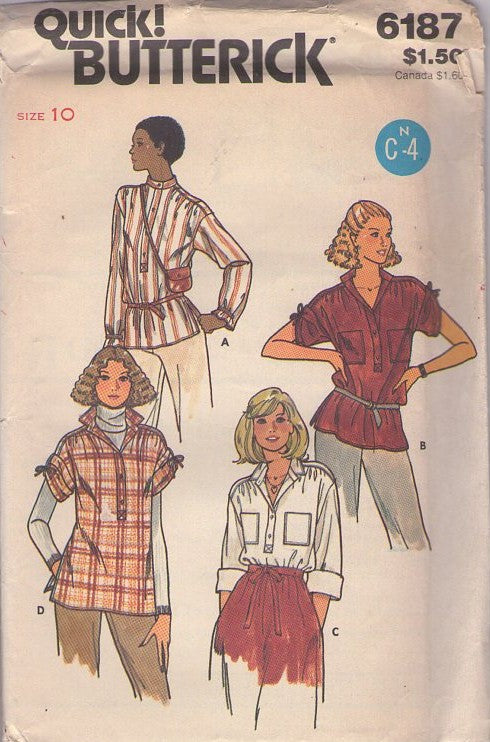 Butterick 6187 Vintage 70's Sewing Pattern Quick & Easy Shirts, Button Band Pullover Blouse, Top Set, Drawstring Tie Sleeves Size 10
