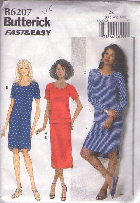 Butterick 6207 Retro 2015 Sewing Pattern Casual Separates, Fast & Easy Comfortable Mix & Match Tshirt Style Top, Shirt, Shaped Hem Pullover Dress, Skirt Size L-XXL