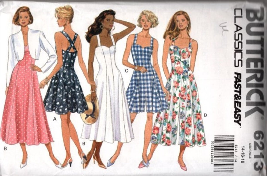 Butterick 6213 Vintage 90's Sewing Pattern Fast & Easy Classics Sun Dress, Split Skirt Culottes Jumpsuit, Cropped Jacket Size 14-18