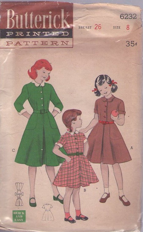 Butterick 6232 Vintage 50's Sewing Pattern Girl's Modest Dress, Shirtwaist, Quick & Easy, 3 School Styles Size 8