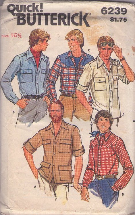 Butterick 6239 Vintage 70's Sewing Pattern Men's Shirt, Western, Safari, Dress, Casual, 4 Styles Size 44 XL