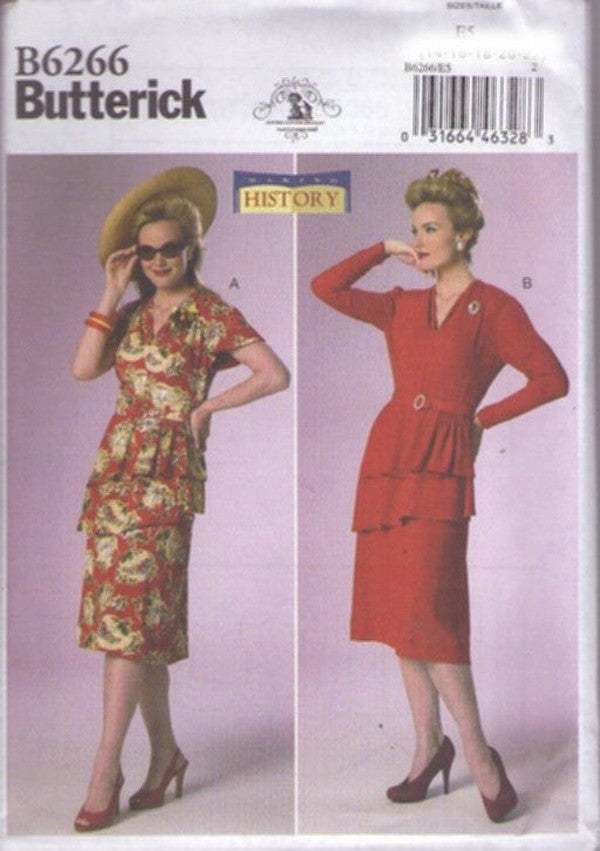 Butterick 6266 Discontinued 2015 Sewing Pattern Suit Dress, Mad Men, Retro 1940s Double Swag Hip Peplum Day or Night Party Dress 2 Making History Styles Size 6-14