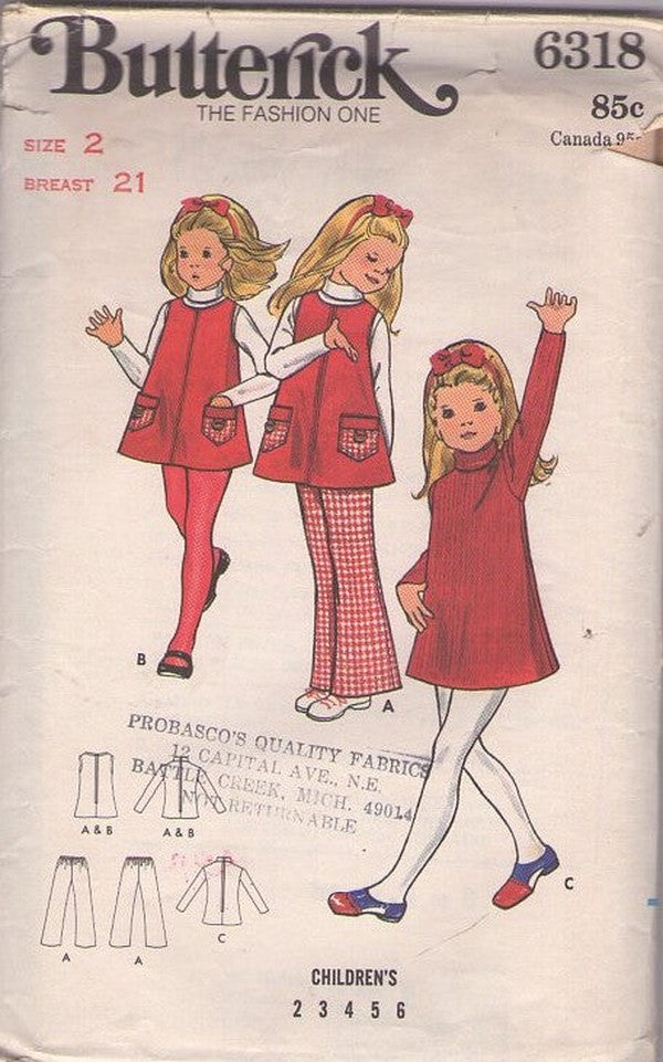 Butterick 6318 Vintage 70's Sewing Pattern Girls' Separates, Toddler A-Line Jumper, Turtle Neck Dress, Smock Top & Pants Size 2