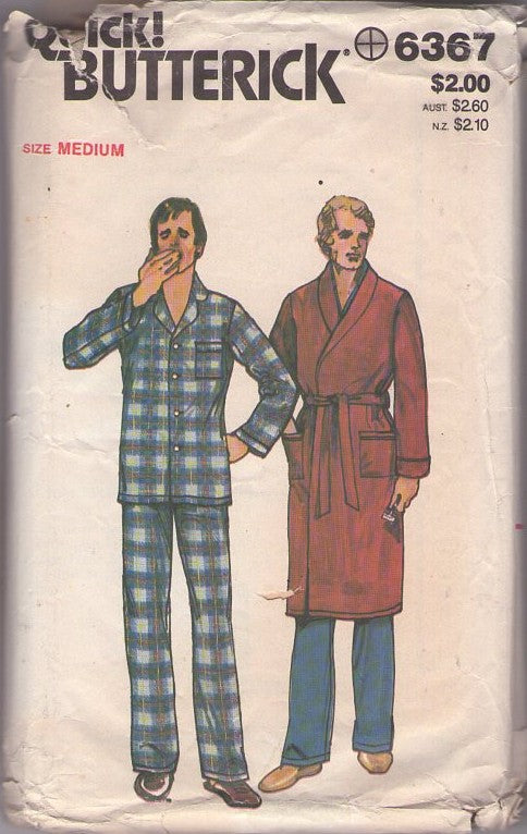 Butterick 6367 Vintage 80's Sewing Pattern Men's Pajamas, Shawl Collar Bathrobe, Robe, Top, Pants Size M