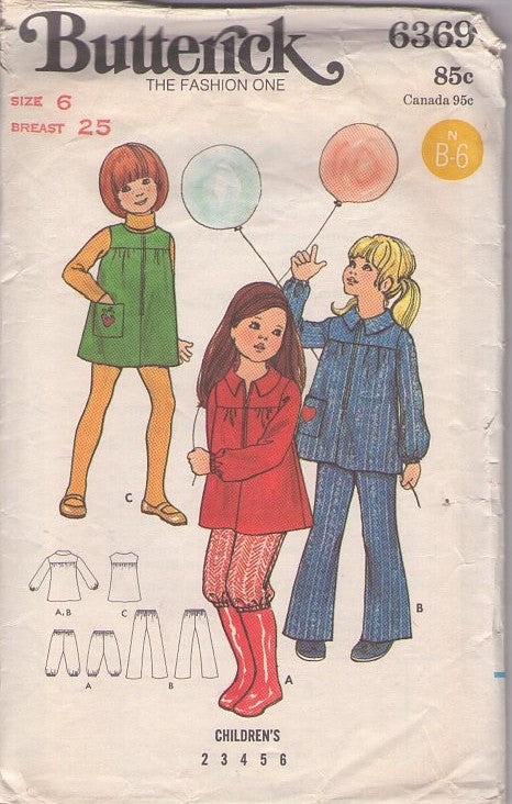 Butterick 6369 Vintage 70's Sewing Pattern Girls' Separates, Retro Front Zippered Jumper, Dress, Blouse, Pants & Elasticized Knickers Size 6