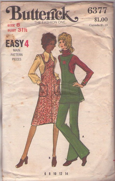 Butterick 6377 Vintage 70's Sewing Pattern Easy Mod Separates, Cutaway Armhole Tunic Top, Jumper Dress, Pants, DOG EAR COLLAR Blouse Size 8