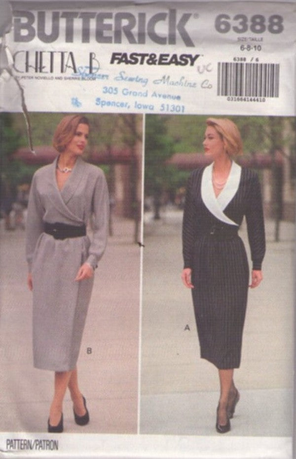 Butterick 6388 Vintage 90's Sewing Pattern Secretary Wrap Dress, Fast & Easy, Chetta B, Shawl Collar Front Wrap Office Secretary Dress 2 Styles Size 6-10