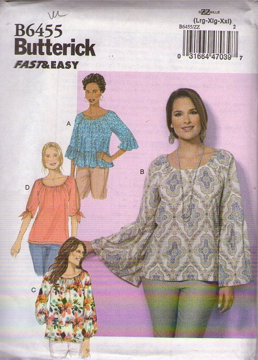 Butterick 6455 Retro 2017 Sewing Pattern Easy Summer Blouse, Gypsy, Peasant, Plus Size 4 Styles Size L-XXL